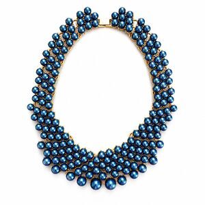 Eye Candy LA Emma Statement Necklace Navy Blue Faux Pearl Gold Tone Alloy 12"